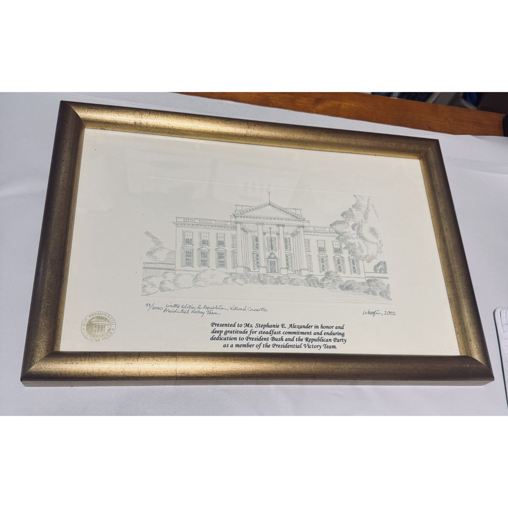 Vintage Framed Art White House Pencil Sketch RNC‎ Presidential Victory Team 2002
